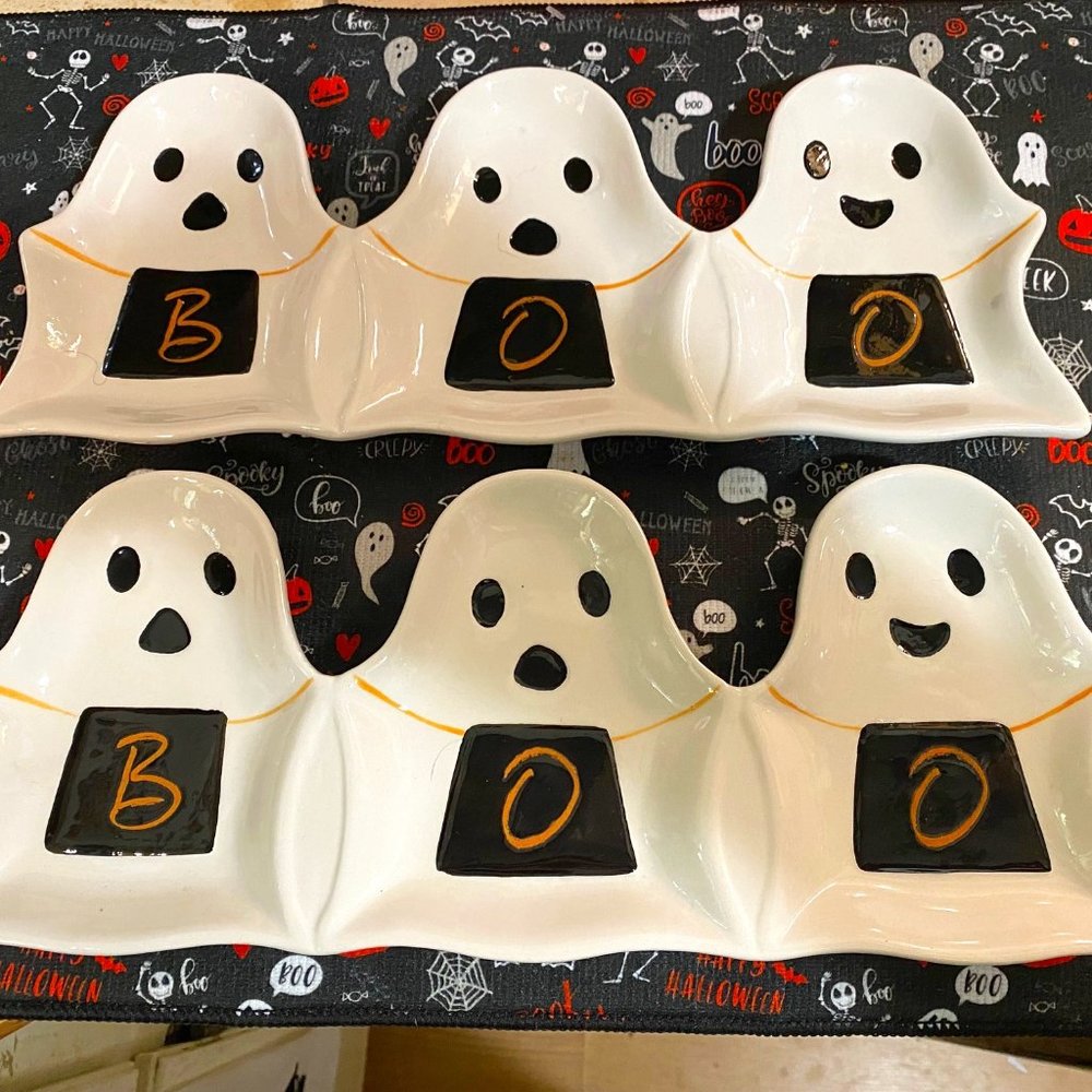 NEW - Pair of 3-Section Platters Halloween Ghosts Global Design 13.6" x 5.6"